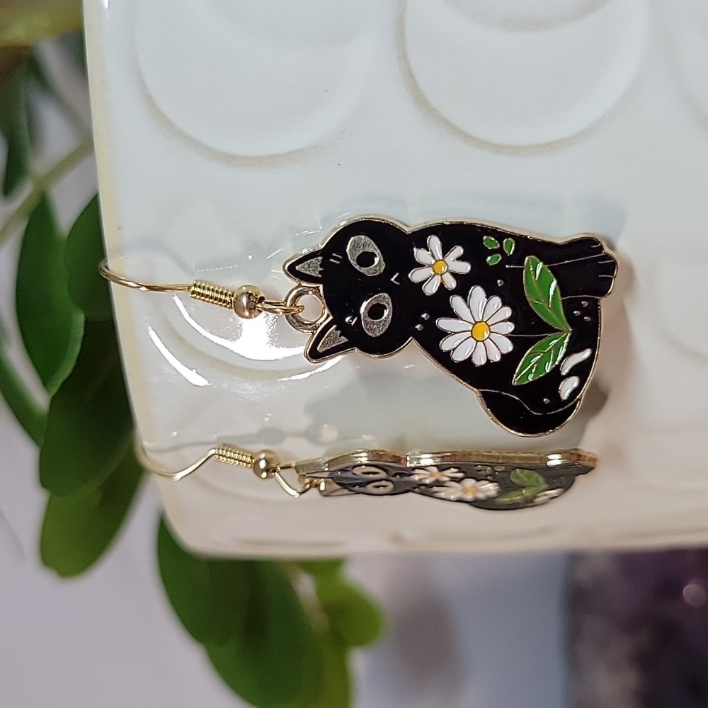 Black Cat Daisy Dangle Earrings - Picture 3 of 4